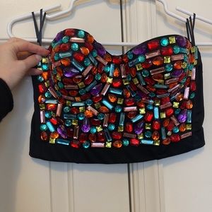 Rhinestone push up bra beaded bustier crop top
